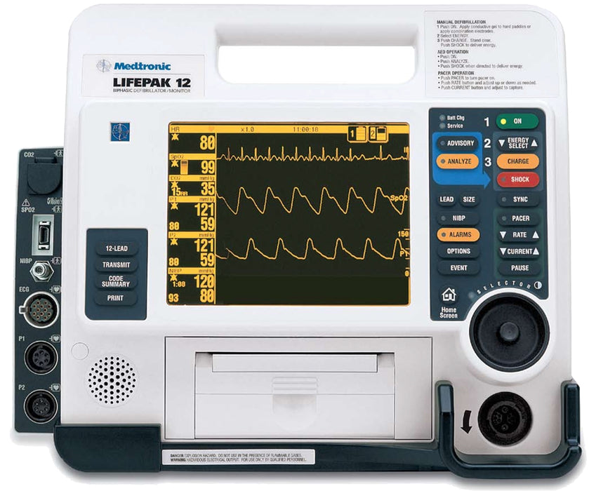 Physio Control LIFEPAK 12 Defibrillator Biphasic, 12 Lead, AED, Pacing, SP02, ETC02 , EL Screen, 100MM Printer (Refurbished)