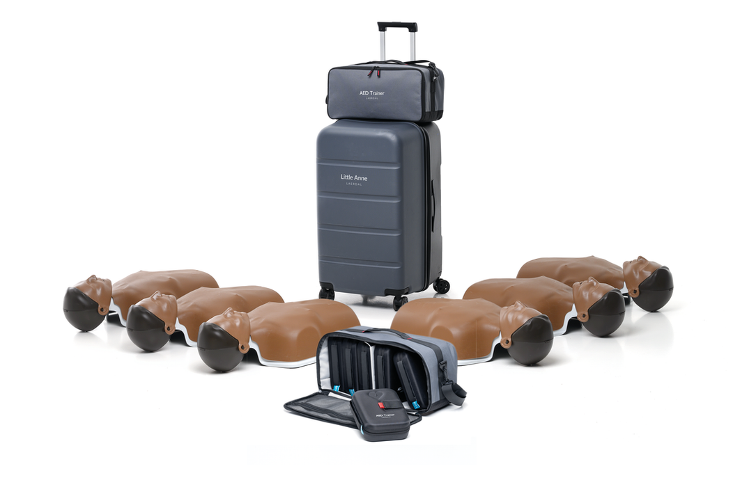 Kit includes: Little Anne 6 Pack (Dark), AED Trainer 3 Pack x 2, AED Trainer Case - Laerdal 135-197-D-KIT