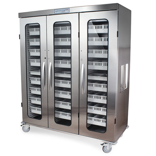 Stainless Steel Triple Column Mobile Cabinet with Key Locking Doors (3) with tempered glass inserts - Harloff MSSM83-00GK