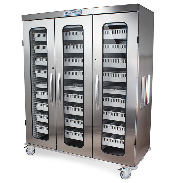 Stainless Steel Triple Column Mobile Cabinet with Key Locking Doors (3) with tempered glass inserts - Harloff MSSM83-00GK