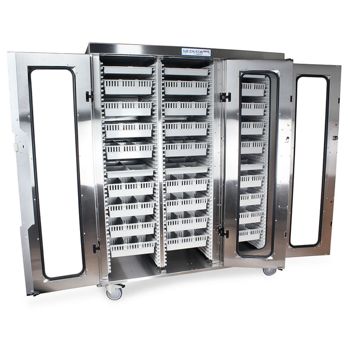 Stainless Steel Triple Column Mobile Cabinet with Key Locking Doors (3) with tempered glass inserts - Harloff MSSM83-00GK
