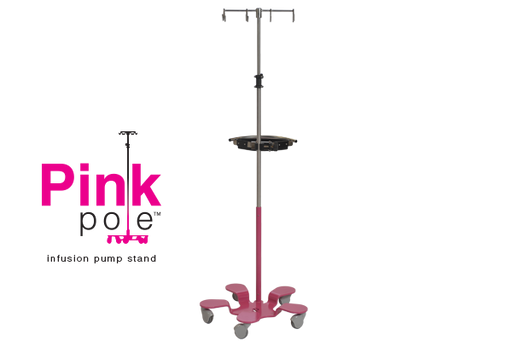 Infusion Pump Stand, 5-Leg Base, With 8-Hook Rake Top. Powder coated pink with ribbon cutout. - Pedigo P-1095-8