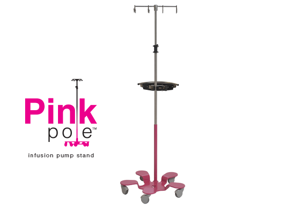 Infusion Pump Stand, 5-Leg Base, With 8-Hook Rake Top. Powder coated pink with ribbon cutout. - Pedigo P-1095-8