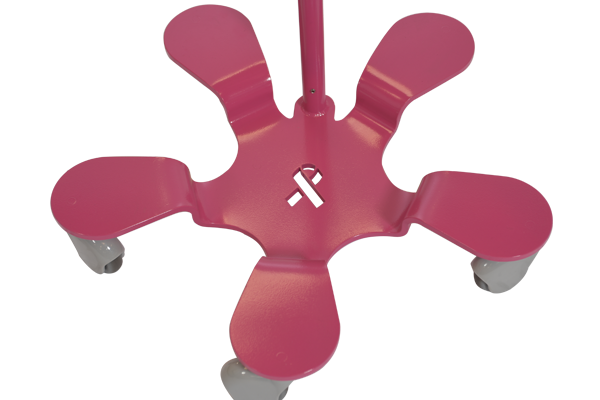 Infusion Pump Stand, 5-Leg Base, With 8-Hook Rake Top. Powder coated pink with ribbon cutout. - Pedigo P-1095-8
