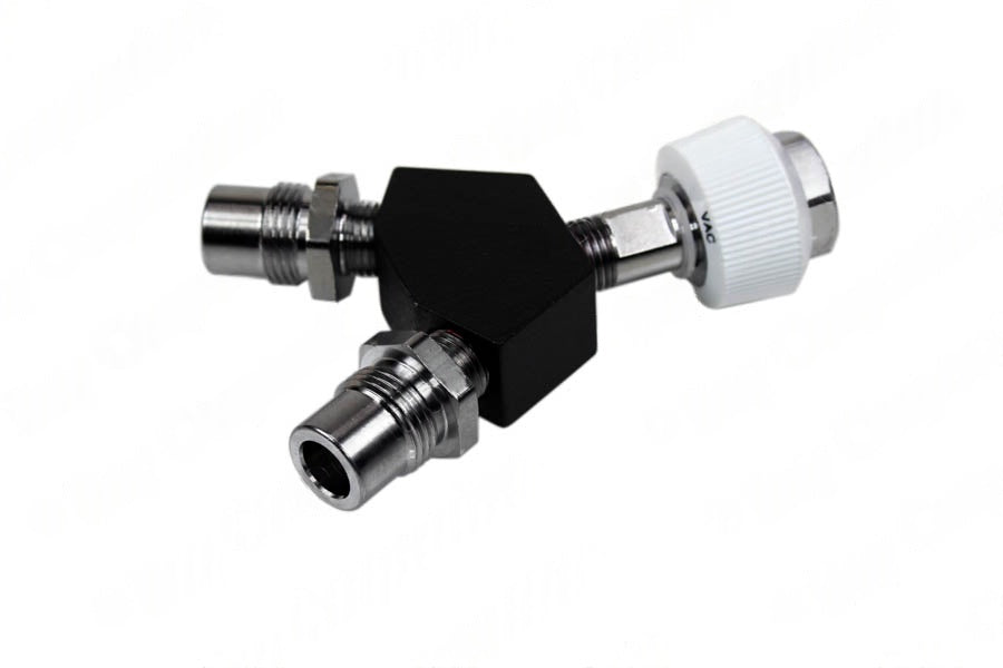 DISS Y-Block, HT Nut Female Inlet x DISS DV Outlets, VAC - Bay Corp YO-122DV