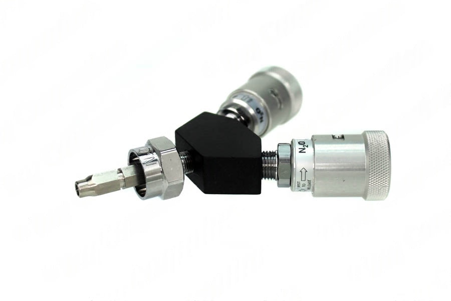 Schrader Y-Block, Non-Swivel Male QC Inlet x Female Coupler Outlets, N2O - Bay Corp YO-SC04