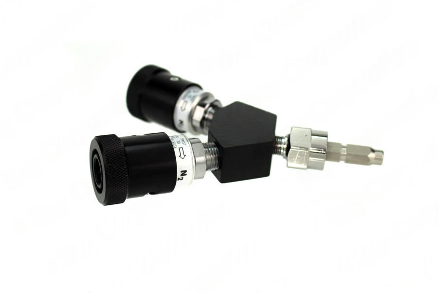 Schrader Y-Block, Non-Swivel Male QC Inlet x Female Coupler Outlets, N2 - Bay Corp YO-SC12