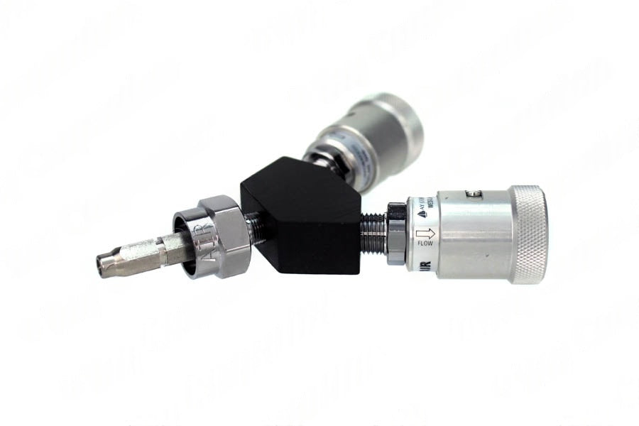 Schrader Y-Block, Non-Swivel Male QC Inlet x Female Coupler Outlets, Med Air - Bay Corp YO-SC16