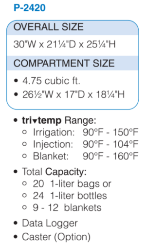Tri-Temp Warmer, For Irrigation Fluids, Injection Fluids, And Blankets.  4.75 Cu. Ft. - Pedigo P-2420